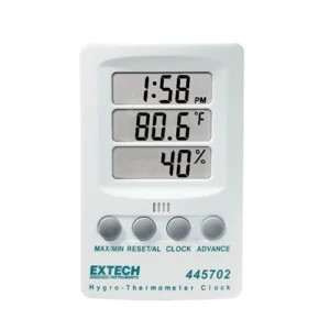 Termohigrómetro con Reloj Extech vista frontal.