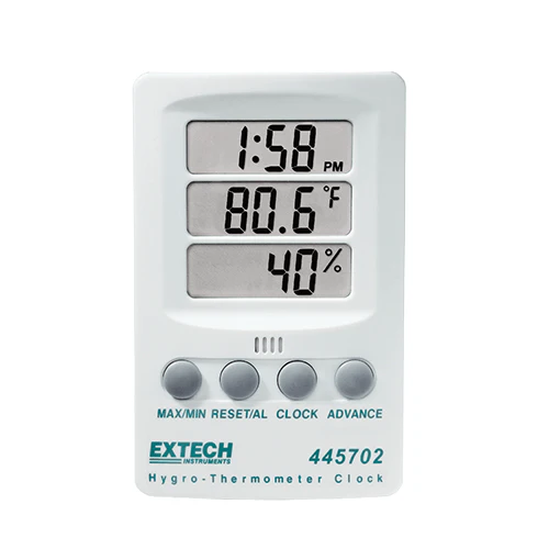 Termohigrómetro con Reloj Extech vista frontal.