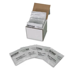 Presentación completa del Tripack Extech con soluciones pH 4, 7 y 10, ideal para calibraciones rápidas y precisas.