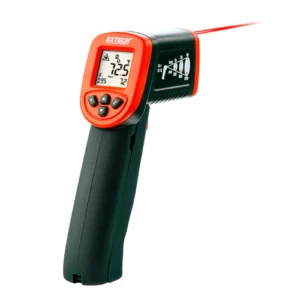 Termómetro Extech IR267 vista frontal con pantalla iluminada.